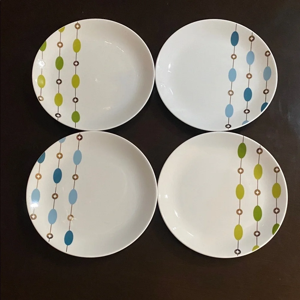 Pier 1 White Salad Plates with Blue &Green Accents. Beaded Garland. Set of 4.